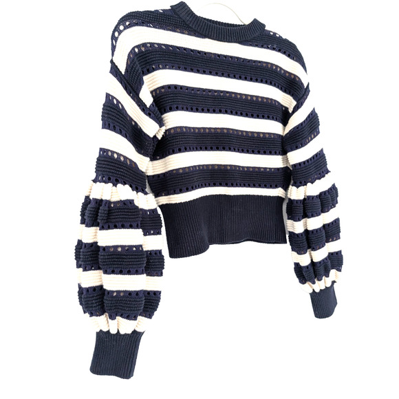 Self-Portrait Striped Balloon Sleeve Cropped Sweater Navy White Small Prep Twee - Picture 6 of 15